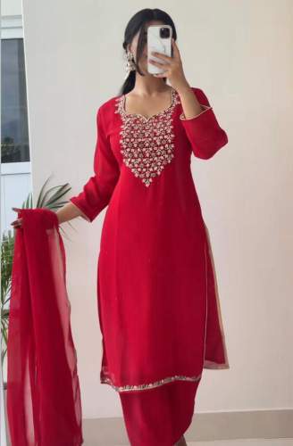Red Color Hand Work Fox Georgette Kurta Pant With Dupatta 