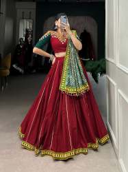 Red Color Pure Cotton Mirror Gamthi Work Lehenga