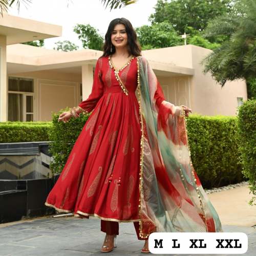 Red Golden Handblock Anarkali Suit Set