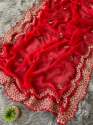 Red Heavy Taby Organza Saree Sequence Embroidery With Cut Work  thumb 4
