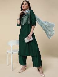 Round Neck Silk Kurti Plazzo Set With Embroidered Work 