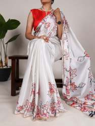 SATIN SILK FLORAL PRINT SAREE WITH PEARL WORK 