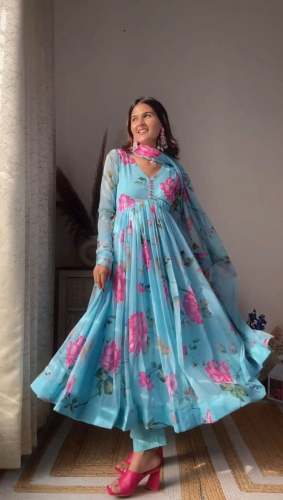 Sky Foux Georgette Printed Gown Pant & Dupatta