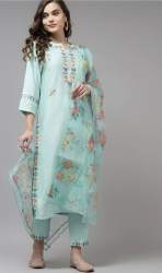 Straight Rayon Slub Kurti Pant With Organza Dupatta