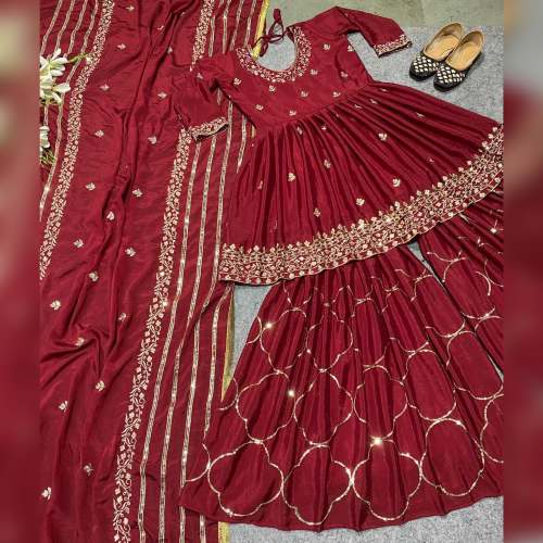 Stylish Chinon Plazzo Suit With Zari & Embroidery Work