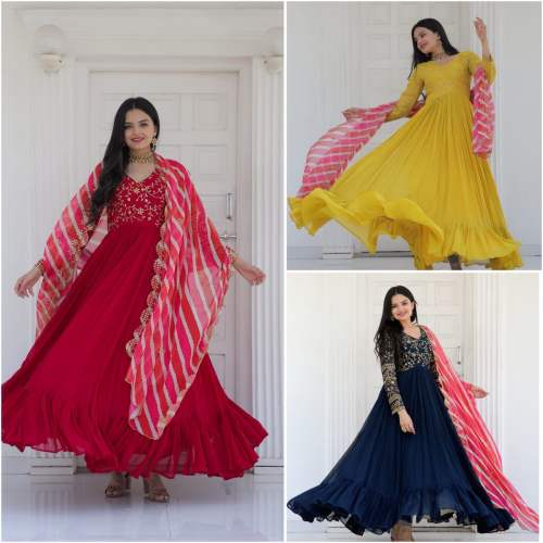 Stylish Faux Blooming With Zari Embroidery Work Gown With Dupatta