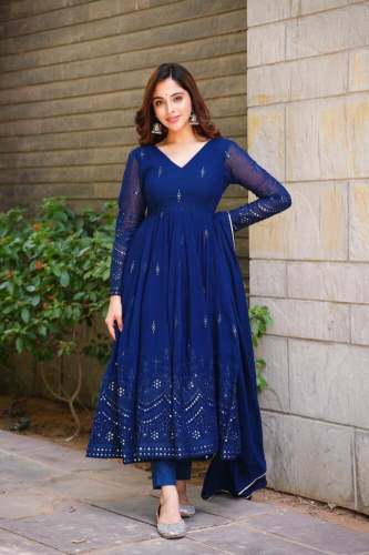 Stylish Faux Georgette Gown Pant & Dupatta With Embroidery Work 
