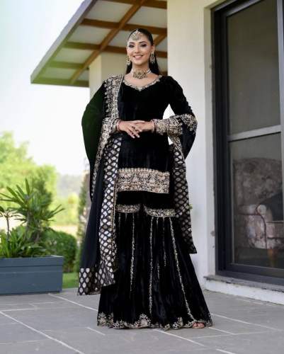 Tranding Velvet With Heavy Embroidery Work Sharara Suits 