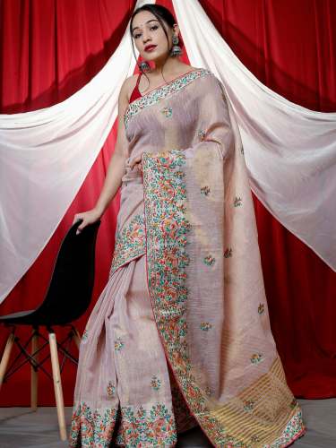 Tussar Silk Saree With Kashmiri Work- ROA517