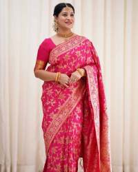 Wedding Wear Banarasi Soft Silk Saree With Golden Zari Weaving 