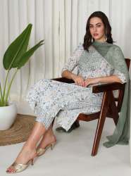 White Color Chanderi viscose Kurti Pant Set 