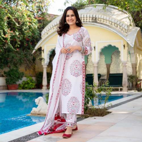 White Color Cotton Printed Kurti Pant With Dupatta