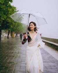 White Color Faux Georgette Embroidery And Lace Work Saree