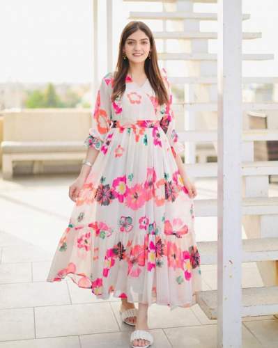 White color Flower Printed Georgette Gown With Ruffle Work 