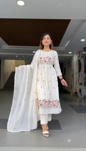 White Color Fox Faux Georgette Embroidery Work Kurti Pant Set  