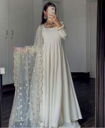 White Color Fox Georgette Anarkali Kurti Palzzo & Dupatta