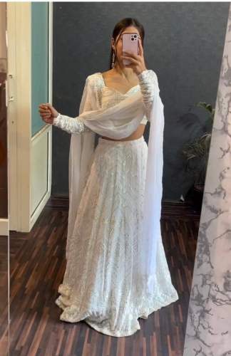 White Color Fox Georgette With Cotton Thread Lehenga Choli