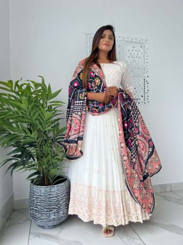 White Color Heavy Georgette Embroidery Work Gown With Dupatta