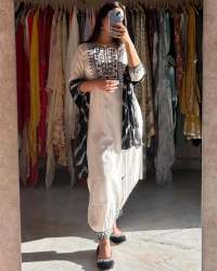 White Color muslin Cotton Embroidery Kurti Pant With Georgette Dupatta