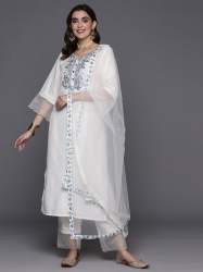 White Color Viscose Chanderi Embroidery Work Kurti Pant With Dupatta