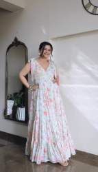 White Faux Georgette Gown Pant & Dupatta With Fully Ruffle Flair