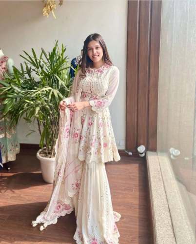 White Georgette Embroidered Sharara Suit 