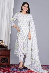 White Lavender Floral Afghani Cotton Suit Set 