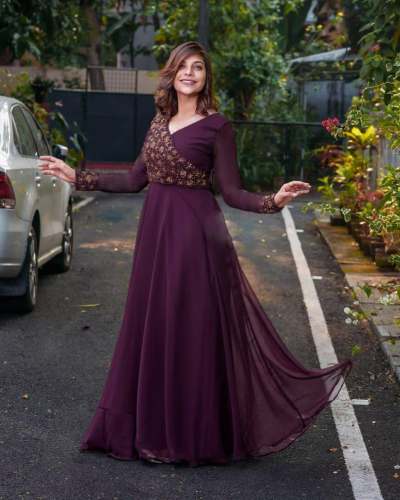 Wine Color Faux Blooming Sequence Gown 