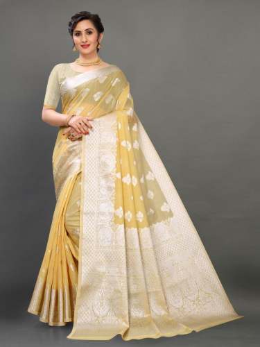 Women Linen Silk Saree And Zari Weaving Pallu