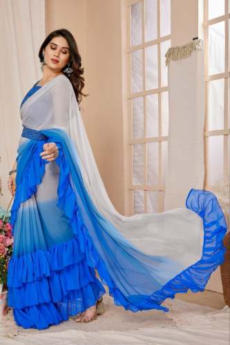 presenting Women's Georgette Frills Design Saree With Layer Jhumarr Ruffle