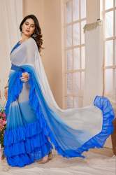 presenting Women's Georgette Frills Design Saree With Layer Jhumarr Ruffle