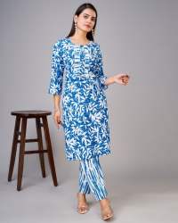 Womens Blue Cotton Blend Kurti Pant Set 