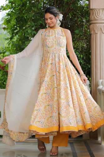 Yellow And White Print Neck Anarkali Set