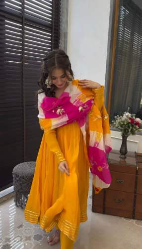 Yellow Color Heavy Chinon Silk Gown 