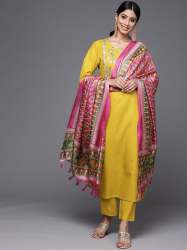 Yellow Cotton Kurti Pant Set With Sequence Embroidery Work 