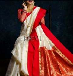 New White And Red Banarasi Saree For Women