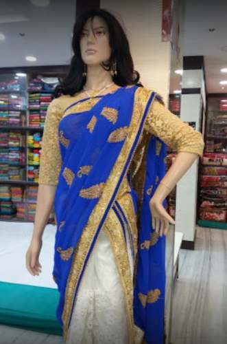 White And Blue Embroidery Saree For Women by Sunita