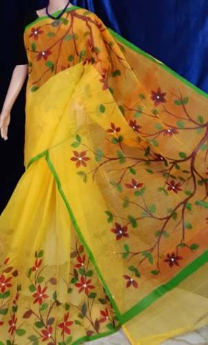 Cotton Yellow Tree Pattern Embroidery Work Saree by Debdeep Boutique Collections