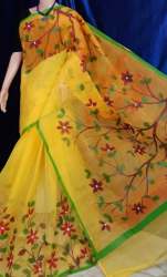 Cotton Yellow Tree Pattern Embroidery Work Saree
