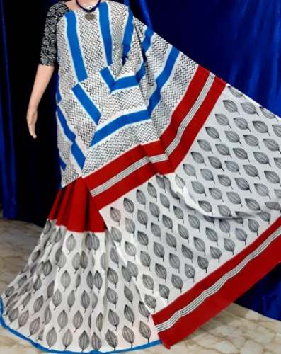 New White And Blue Printed Cotton Saree by Debdeep Boutique Collections
