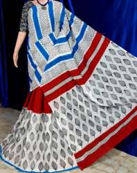 New White And Blue Printed Cotton Saree