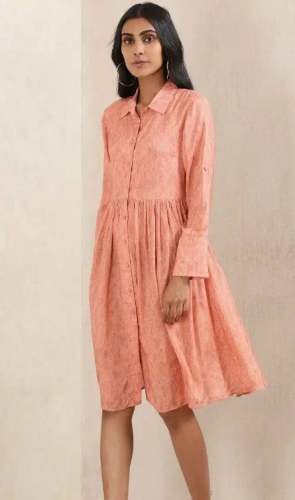 Collar Neck Peach Knee Length Dress by Ritukuamar by Ritu Kumar