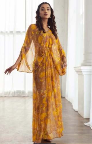 Mustard Yellow Viscose Floral Print Dress by Ritu Kumar