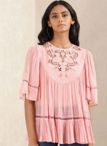 Peach Embroidered Short Kurti by Ritu Kumar