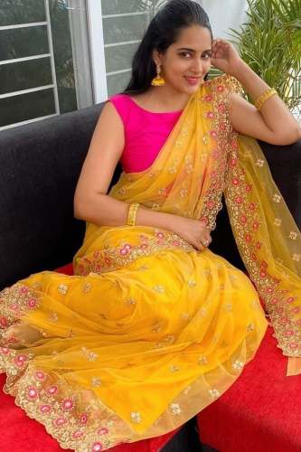 Yellow Rani Organza Embroidered Saree by v5 creation