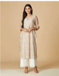 Beige Cotton Silk Chikankari Long Kurta