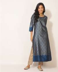 Blue Cotton Silk Straight Long Kurta