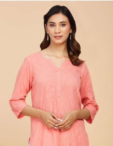  Pink Cotton Chikankari Slim Fit Short Kurta