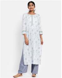 White Cotton Hand Block Print Long Kurta