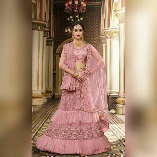 Functional Wear Pink Embroidered Lehenga choli by Mahabir Bastralaya And Co